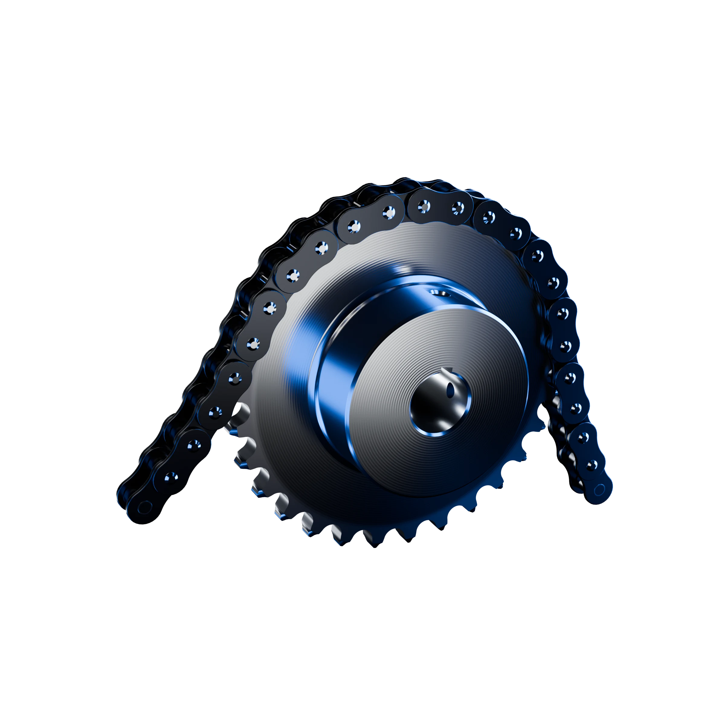 Steel roller-chain sprocket with roller chain, lit in blue